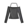 Camiseta Feminina Tendência e Sexy de Manga Longa com Gola Halter de Um Ombro, Camisa Base Curta Slim Fit para Primavera