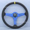 Volante de cuero plano modificado para coche, de gran venta transfronteriza, con marco rojo, azul, negro y titanio, de 15 pulgadas.