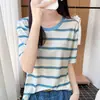 Top de punto a rayas color block con cuello redondo, refrescante para combinar en capas con una falda corta, tejido de punto simple de manga corta para mujer, primavera y verano