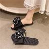 Pantuflas Planas con Lazo y Flor Estilo Tweed para Temporada de Primavera y Otoño, Pantuflas Suaves de Suela Blanda para Casa, Sandalias Antideslizantes para Usar Afuera