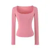 Camiseta Básica de Manga Larga para Mujer, Color Sólido, Elástica, Cuello en U Sexy, Bolsillo, Ajustada, Define la Cintura, para Otoño