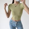 Verano 2023 Nuevo Top de Manga Corta para Mujer con Escote Pequeño, Cintura Alta, Ombligo Descubierto, Manga Corta, Tejido Acanalado, Corte Ajustado, Camiseta Elástica