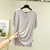 Camiseta Modal com Decote V e Manga Média para Mulheres, Tamanho Grande, Cor Sólida, Versátil, Caimento Solto, Camiseta Básica Emagrecedora, Comprimento Médio