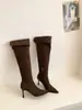 Botas altas de tacón alto con punta de ante caqui holgadas largas para mujer, novedad primavera y otoño 2026, botas individuales, botas altas de montar ajustadas