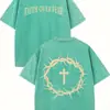 [Transfronterizo 230g] Camiseta Estampada de Algodón de Alta Calidad Lavada Retro con Patrón Fe sobre Miedo Camiseta para Hombre