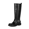 Botas de cuero para mujer de otoño e invierno, punta redonda, tacón medio, botas para mujer de talla grande transfronterizas, tacón cuadrado, slip-on versátil, ligeras, botas de montar de calidad de exportación