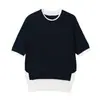 Camiseta de punto para mujer, estilo nuevo de verano, colorblock de Lyocell, cuello redondo, manga corta, elegante, holgada, sencilla, estilo coreano, imitación de dos piezas