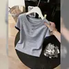 Camiseta de Manga Corta con Cuello Henley de Bloques de Color Rayados Estilo Coreano Retro para Mujer, Verano Casual Versátil, Cuello Redondo, Hombro Normal, Top Pequeño