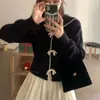 Outono e Inverno Novo Gola Azul Marinho Contraste Suéter de Alta Qualidade Casaco Estilo Acadêmico Laço Chique Cardigã Curto Tricotado para Mulheres
