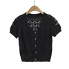 Cárdigan de Punto con Diseño Vintage de Botonadura Única, Top Camiseta para Mujer, Estilo Bm, Mangas Cortas Negras Huecas Estilo Americano