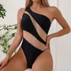 Novo maiô feminino 2023 estilo europeu e americano peça única sexy de um ombro cor sólida costura maiô moda feminina comércio exterior transfronteiriço