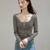 Camiseta de manga larga para mujer, estilo Henley americano, con botones, rayas de contraste, de Lyocell Tencel, nueva tendencia otoño 2026
