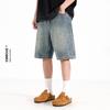 Ceecuz Lavado Velho Vintage Five-point Tooling Denim Shorts Masculino Verão Americano Solto Reto Perna Larga Calças de Comprimento Médio