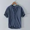 Camisa de Verano 2026 Nueva de Algodón y Lino con Cuello Mao y Manga Corta para Hombre, Transpirable, Holgada, Versátil, Top Casual para Hombre