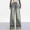 Jeans Rectos Lavados Retro Americanos Desgastados para Mujer Chica Caliente Otoño e Invierno de Cintura Alta Sueltos Adelgazantes de Pierna Ancha Hasta el Suelo