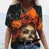 Outlet de Fábrica Camiseta Feminina de Manga Curta com Caveira Camisa Casual, Camiseta Feminina Gola V, Nova Moda