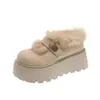 Sapatos Brancos Estilo Birkenstock com Solado Grosso e Forro de Lã, Novos Sapatos de Neve de Inverno 2025 Femininos, Mocassins de Algodão Felpudo