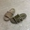 Pantuflas peludas abiertas estilo Birkenstock para mujer con doble tira, colección otoño 2026, para exteriores, suela suave, de una sola tira, pantuflas de algodón