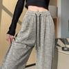 Calça Casual Wide-leg Feminina Primavera e Outono Elasticidade Cintura Alta Emagrecimento Modelagem Relaxada Reta Cordão Preguiçoso Calça Listrada Diagonal