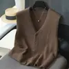 Colete de tricô em camadas 100% lã para mulheres, gola V, sem mangas, outono e inverno, cashmere, solto, emagrecedor, jaqueta cardigã, moderno