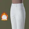 1019 Jeans Branco Reto de Inverno com Floco Calças para Mulheres de Meia-idade Skinny com Veludo Adicional Espessado Cintura Alta Solto