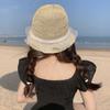 Sombrero de Paja para Mujer con Lazo de Encaje y Ganchillo Hueco Sombrero de Sol de Verano Sombrero Solar Moda Plegable Sombrero de Cubo