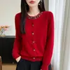 Cárdigan de punto de lana pura de alta gama estilo francés con tachuelas para mujer, suéter holgado de cuello redondo, abrigo adelgazante, top para otoño e invierno
