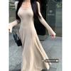 Elegante vestido de punto de manga larga con cuello en V para mujer, falda interior de otoño, negra, ajustada a la cintura y que cubre la cadera, falda larga entallada de línea A