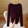 Suéter de punto acanalado beige con cuello redondo para mujer, nueva camisa base ajustada lista para usar de otoño e invierno, top para mujer