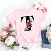 Camiseta rosa niña letra flor linda estilo ins dulce top manga corta creativa verano 2022 transfronterizo