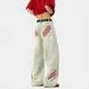 Calça Jeans Retro Diagonal com Três Listras Estilo Americano High Street Calça de Caimento Reto Comprimento Total Calça Cargo com Aplicação Lateral Tendência