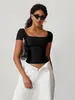 Amazon Transfronterizo Europeo y Americano Top de Mujer Ajustado Adelgazante Ombligo Color Sólido Cuello Cuadrado Camisa Básica Suave Manga Corta Cuello Cuadrado