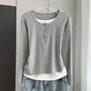 Camiseta de malha manga longa color block falsa de duas peças, novo estilo de outono, camada interna modeladora para mulheres plus size