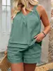 Transfronterizo 2026 Tallas Grandes Color Sólido Conjunto de Dos Piezas Cuello en V Halter Camiseta sin Mangas Holgada que Cubre el Vientre Texturizada en Capas Casual