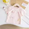 Camiseta Curta Estilo Doce para Meninas 2026 Roupa de Verão com Laço e Decoração de Coração, Gola Redonda, Top Macio, Confortável e Respirável