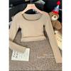 Color Sólido con Base de Almohadilla para el Pecho Cálido Otoño e Invierno Nuevo Ajustado Adelgazante Lijado Camiseta de Manga Larga Cuello Bajo Top Lijado