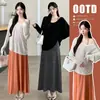 Nueva ropa de maternidad de otoño e invierno: un cárdigan de punto relajado de hombros descubiertos combinado con una falda midi de cintura alta - un conjunto de dos piezas para futuras madres