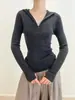 Camada base de fio Yangzi, suéter com capuz 100% lã merino fio 48, blusa de tricô modeladora, perfeita para usar em camadas, estilo outono
