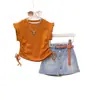 Conjunto de Verão para Meninas 2025 Novo Estilo Conjunto de Duas Peças com Colete de Cordão e Calça Culotte Jeans Combinável para Meninas