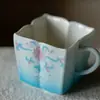Taza de Té Estilo Hada con Asa, Patrón de Loto Azul Degradado Pintado a Mano, Alto Valor Estético, Exquisita