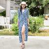 Vestido Cruzado de Verano con Patrón de Cuadrícula Azul Cuello POLO Encanto Simple y Generoso Manga Elegante de Siete Puntos Vestido con Cordones