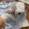 Sin Glee Estilo Coreano Casual Azul Estampado de Leopardo Seda de Hielo Pijama para Mujer Verano Agradable a la Piel Mangas Cortas Conjunto de Ropa para el Hogar