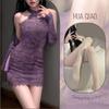 Lencería Floral y Sexy, Cheongsam Sexy sin Hombros, Nuevo Estilo Chino Hebilla Encaje, Corte Ajustado, Estilo Pura Pasión, Chal Morado, Dropshipping