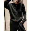 Cardigan de Tricô Preto Novo Outono 2026 Gola Redonda de Botão Único com Botões Coloridos Listrados Estilo Chinês Slim Fit para Mulheres