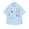 Camisa americana retrô waffle colorida floral bordada, manga curta, masculina e feminina, estilo solto e casual, para o verão