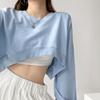 Estilo japonês novo para meninas primavera e outono cor sólida solto gola redonda umbigo exposição sexy nicho estudantes estilo americano moletom curto feminino
