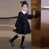 Vestido Preto com Gola Peter Pan e Renda para Meninas para o Outono, Novo Estilo Duas Peças Color Block com Mangas Longas para Crianças Maiores