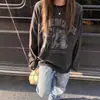 Camiseta de Manga Larga de Algodón Puro con Diseño Bf de Calle Americana Desgastada para Mujer Primavera y Otoño Estilo Coreano Gato de Dibujos Animados Top Holgado Tendencia