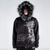 Sudadera con capucha de estilo oscuro con cuello de pelo para mujer, chaqueta de otoño holgada con cremallera, letras estampadas y patchwork, prenda exterior de moda urbana
