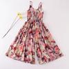 Primavera Nuevo Vestido de Algodón Seda Floral Vacaciones Francesas Cuello en V para Niñas Pantalones Sling Europeos y Americanos para Niñas Medianas y Grandes
